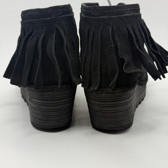 FLY LONDON Size 42 Yank Booties Wedge Heel Ankle Boots Black Suede FRINGE - Picture 4 of 6